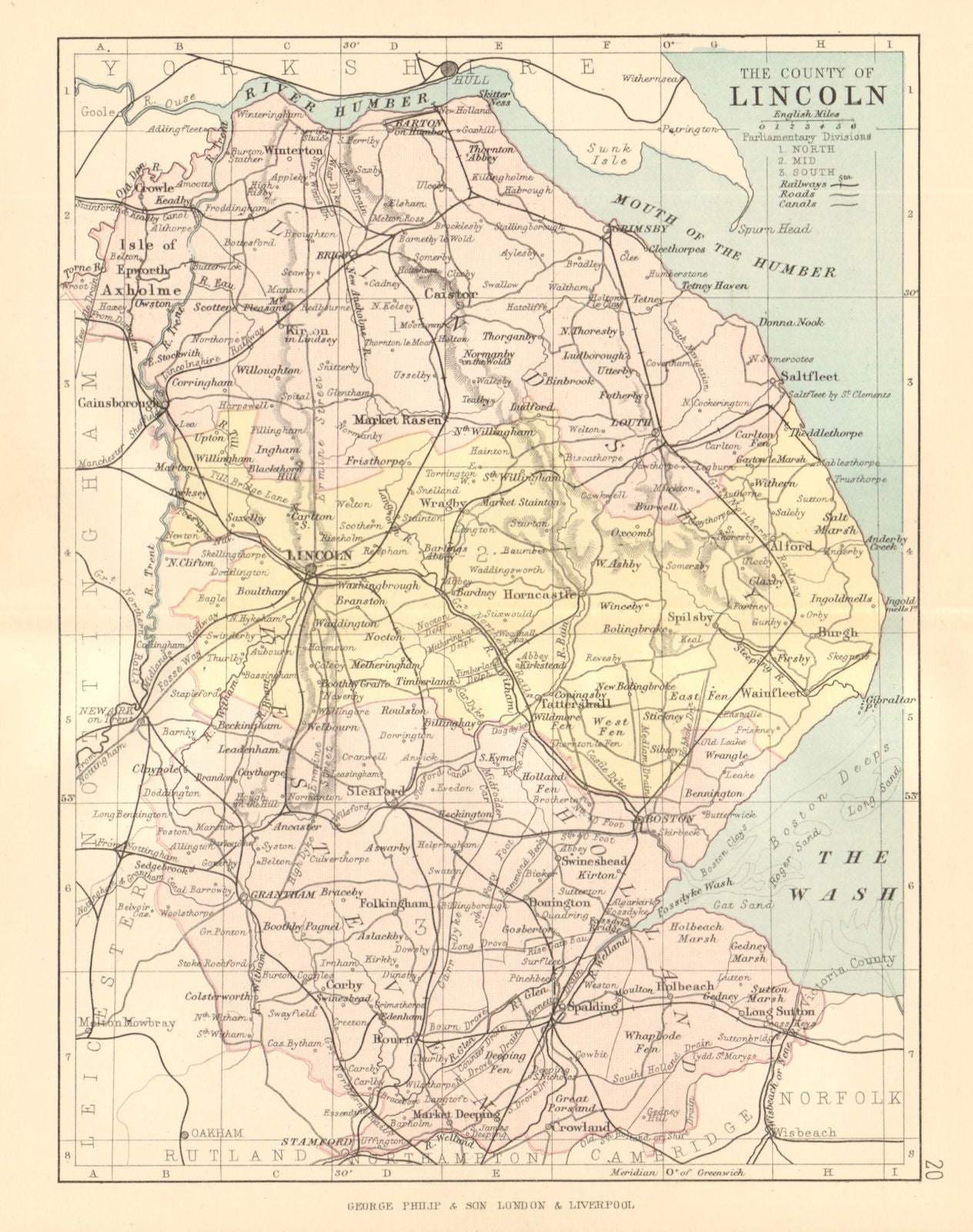 LINCOLNSHIRE. Antique county map. Railways canals. Constituencies. PHILIP 1884